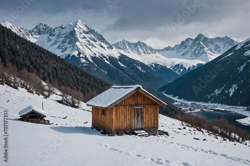 lonely hut in the mountains in the snow © ThomasLENNE