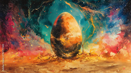 A painting of a large egg on a planet with a bright blue sky #787177365