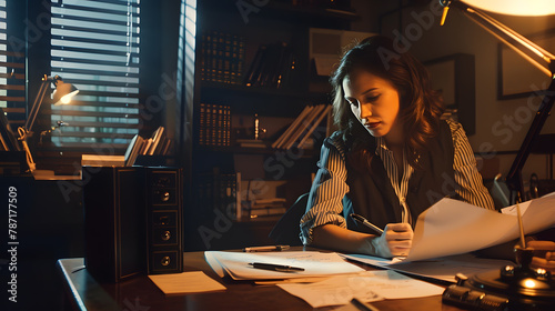 Detective working in her office with evidence Copy space : Generative AI photo