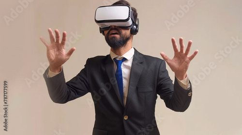 Businessman wearing shirt and suit working while using a VR headset. attractive gesture pose. in office room.