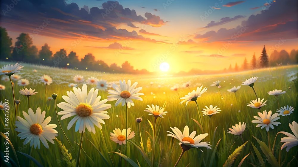 Meadow of White Blooms Glows in Warm Sunset Light, Creating a Tranquil Golden Hour Scene.