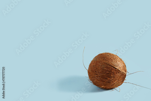 Whole coconut on a light blue background.