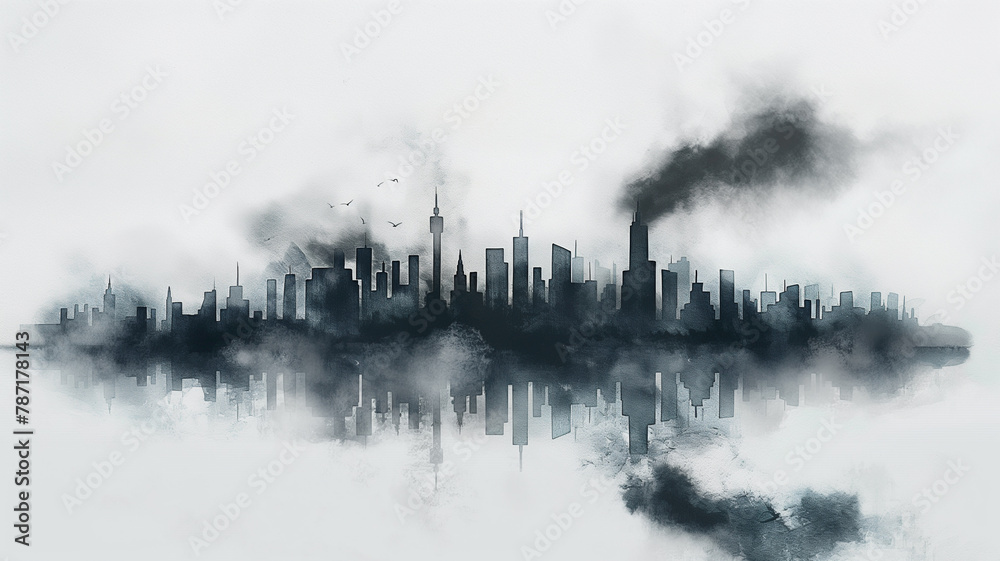 A city skyline with a foggy haze in the background
