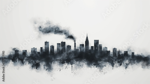 A city skyline with a smoggy haze in the background © CtrlN