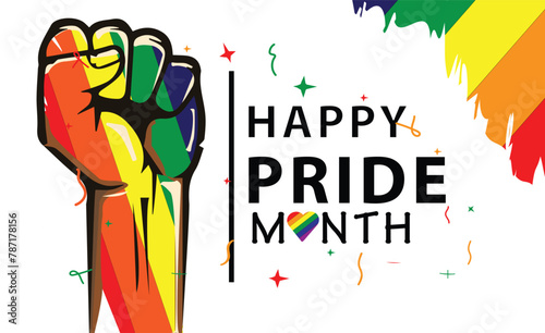Happy Pride Month 20245 Pride festive banner background with multicolored fist for lgbtq+ pride month. Rainbow colored hand with a fist raised up. Gay Pride.