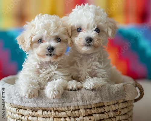 Wallpaper showcasing a pair of cute Bichon Frise dogs with fashionable haircuts, snuggled in a basket against a backdrop of vibrant indoor colors
