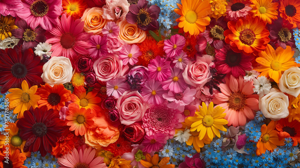 A colorful bouquet of flowers with a variety of colors including red, yellow A colorful bouquet of flowers with a variety of colors including red, yellow