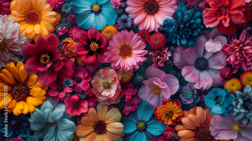 A colorful bouquet of flowers with a variety of colors and shapes