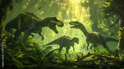 AI generated illustration of numerous dinosaurs roaming in lush jungle among trees and plants © Wirestock