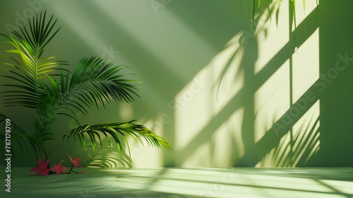 Abstract gradient green studio background for product presentation Empty room with shadows of window and flowers and palm leaves  3d room with copy space Summer concert Blurred backdro : Generative AI