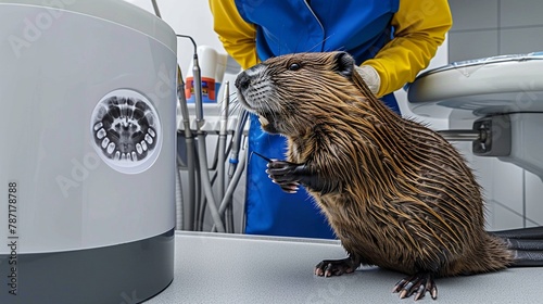 The beaver nervously taps its tail while waiting for the dentist to finish the cavity inspection , photo