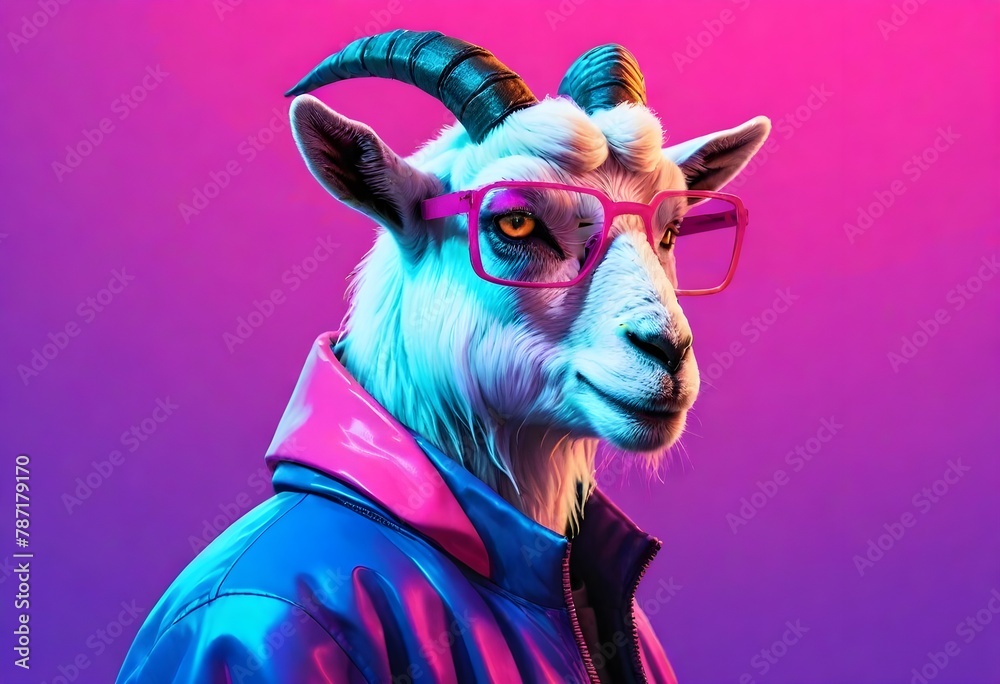 Futuristic Beautiful Goat wearing Jacket for Eid al adha on cyberpunk neon background