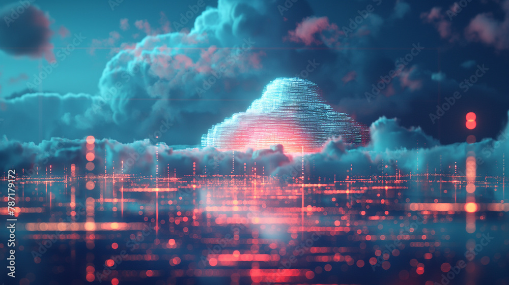 A computer generated image of a city with a large cloud in the background