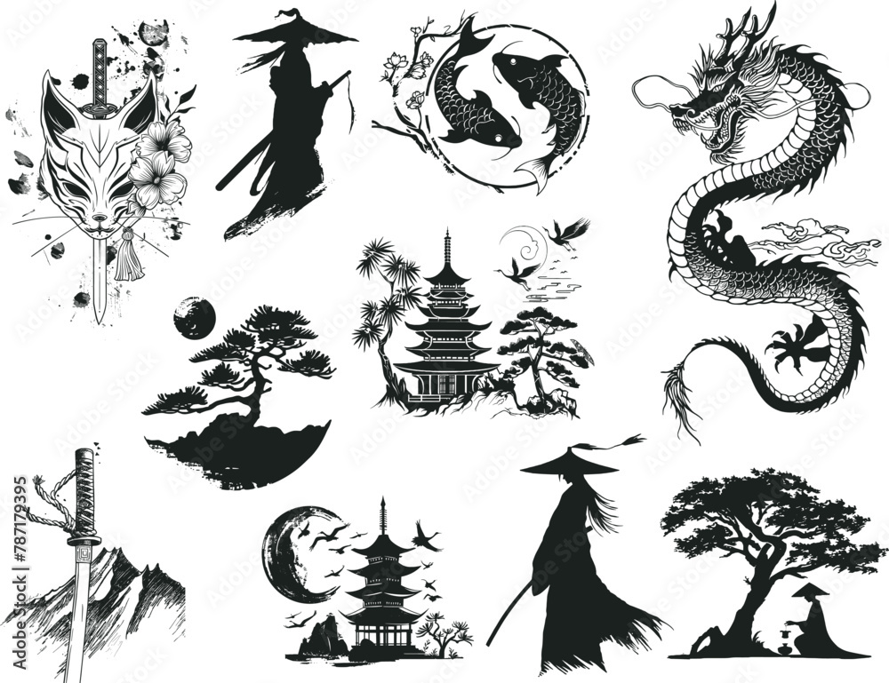 Fototapeta premium Set of Japanese landscapes and cultural elements, vector illustration.