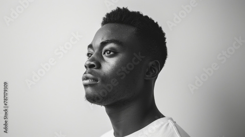 An elegant black man stands in front of a plain white backdrop his strong jawline and piercing eyes highlighted by the monochromatic palette. The simplicity of the photo adds a sense .