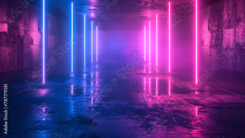 A long hallway with neon lights and a blue and purple color scheme