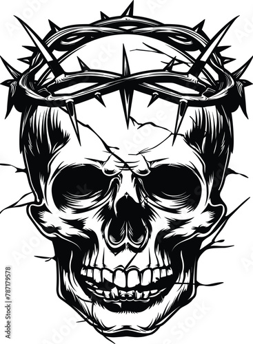 Skull with crown of thorns, vector illustration.