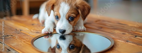 a small dog looks in the mirror. selective focus
