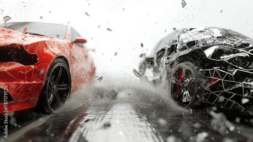 Two cars are racing on a wet road, with one car in the lead photo