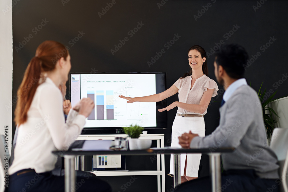 Fototapeta premium Business people, woman and discussion in presentation for data analytics with graph and financial growth of company. Collaboration, team and happy in meeting with stats report and feedback on charts
