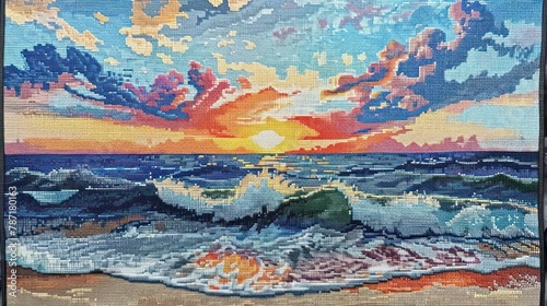Needlepoint depiction of a tranquil seascape, with rolling waves and a colorful sunset