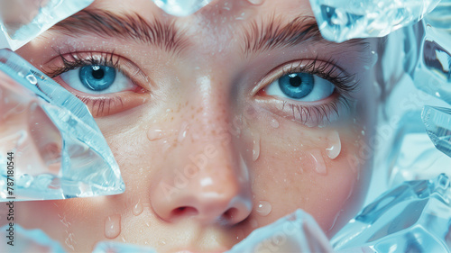 face of a young woman and beautiful eyes  with ice cubes, fashion and heat, cooling in summer, ice to preserve youthful skin