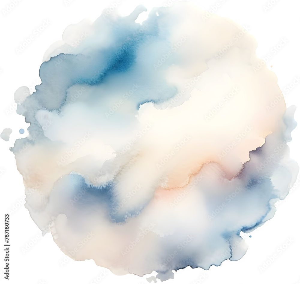 Watercolor spot round border frame background. Watercolor splash fluid effects. Pastel blue, cream, white colors texture abstract element clipart. Isolated on transparent background.