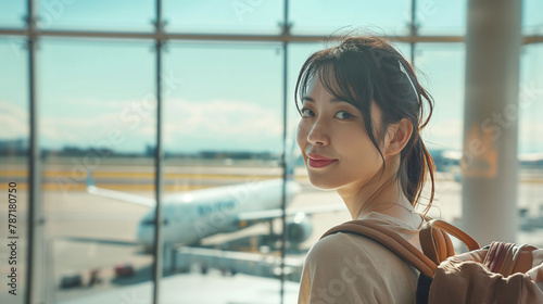 海外旅行のために空港で飛行機を待つ若い女性 photo