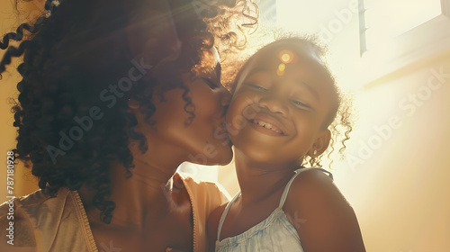 Close up of beautiful daughter kissing mother on cheek at home African little girl giving kiss to happy mother Lovely black female child kissing cheerful and proud woman on cheek for m : Generative AI photo