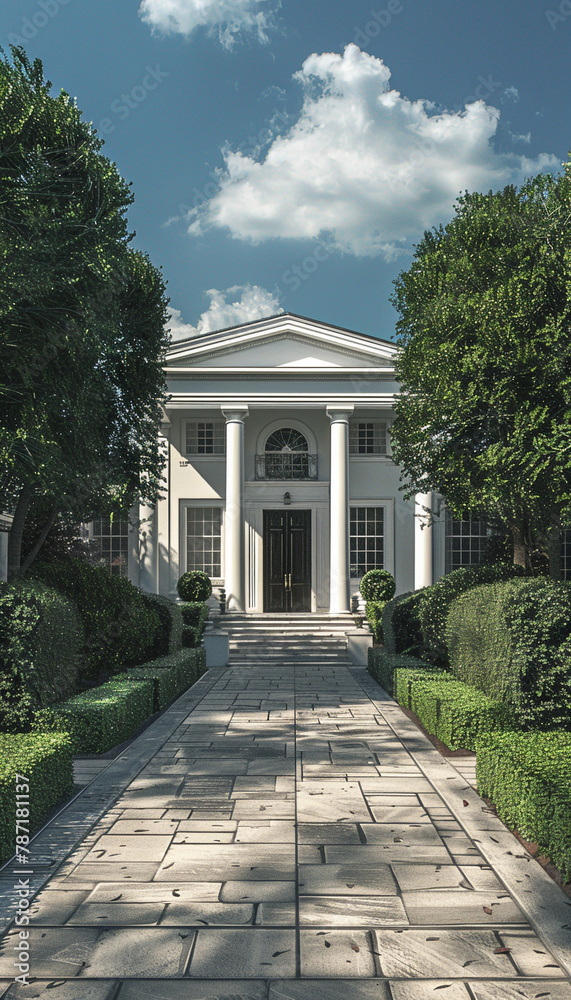 Elegant colonial-style house with white pillars and a grand entrance, standing proudly amidst a landscaped garden and tall hedges,