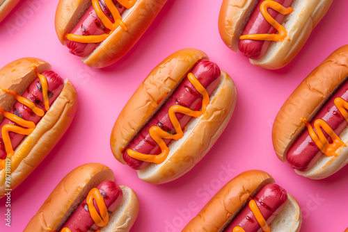 Hot dog pattern on green pastel background, top view