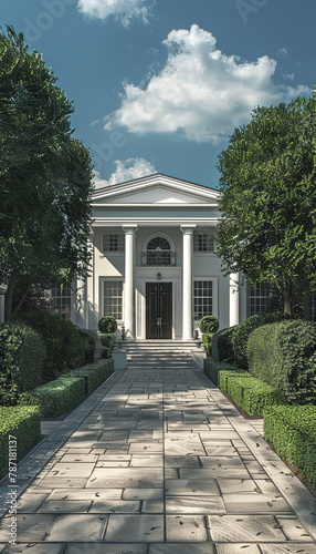 Elegant colonial-style house with white pillars and a grand entrance, standing proudly amidst a landscaped garden and tall hedges,