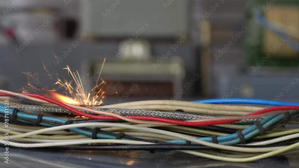 Flames, sparks, smoke between electrical cables, close up. Short circuit in the twisted wires from the electrical devices, fire hazard concept