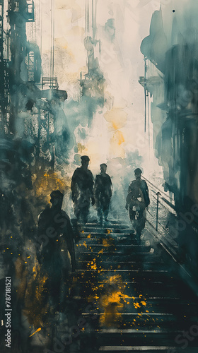 A painting of a group of people walking down a staircase