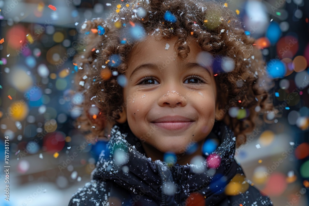 A joyful child with curly hair smiling as colorful confetti falls around them in a celebratory atmosphere A joyful child with curly hair smiling as colorful confetti falls around them in a celebratory atmosphere