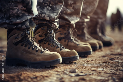 Formation of soldiers in one line. Legs in military boots, close-up. Military shoes on the feet of military personnel. Special unit of the defense forces.