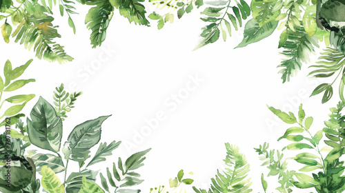 watercolor green leaves background with copy space in the center