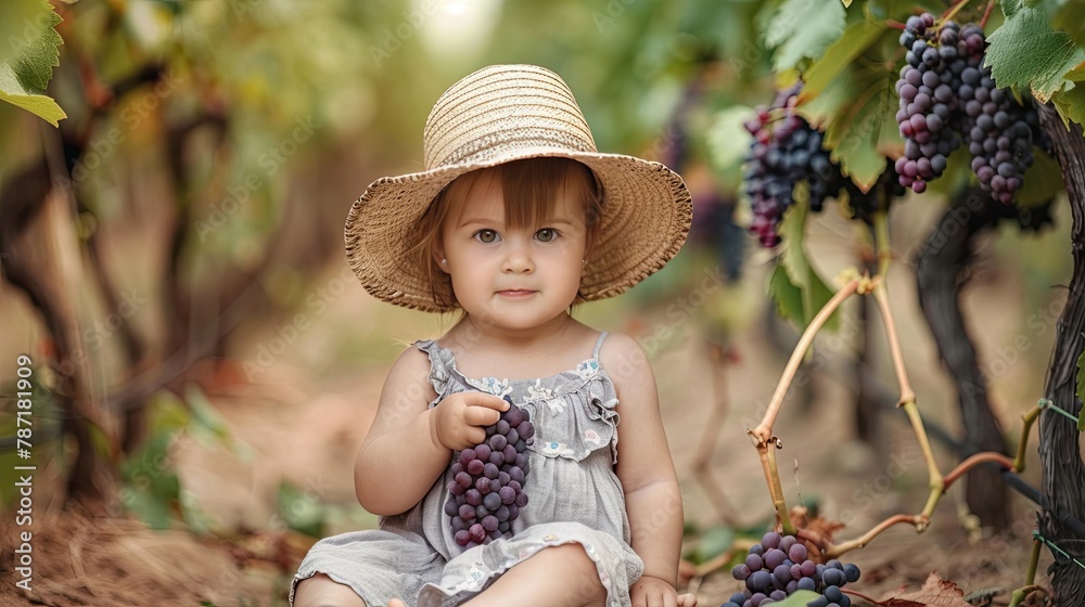 Naklejka premium little girl eats grapes in the garden.