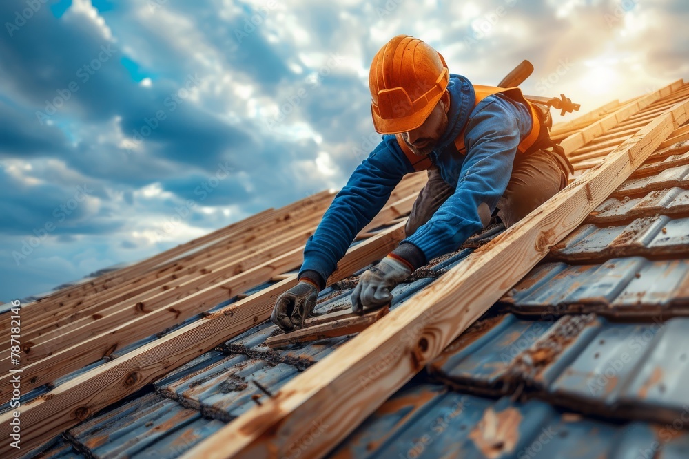 A skilled roofer in safety gear expertly fits wooden roof shingles on a bright day, showcasing craftsmanship and construction proficiency A skilled roofer in safety gear expertly fits wooden roof shingles on a bright day, showcasing craftsmanship and construction proficiency