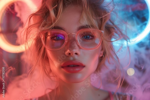 A close-up portrait of a young woman wearing clear glasses, illuminated by vibrant neon lights with a whimsical, modern atmosphere