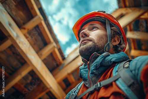 A construction worker gazes up, assessing the robust wooden beams in a skeletal building structure, symbolizing progress