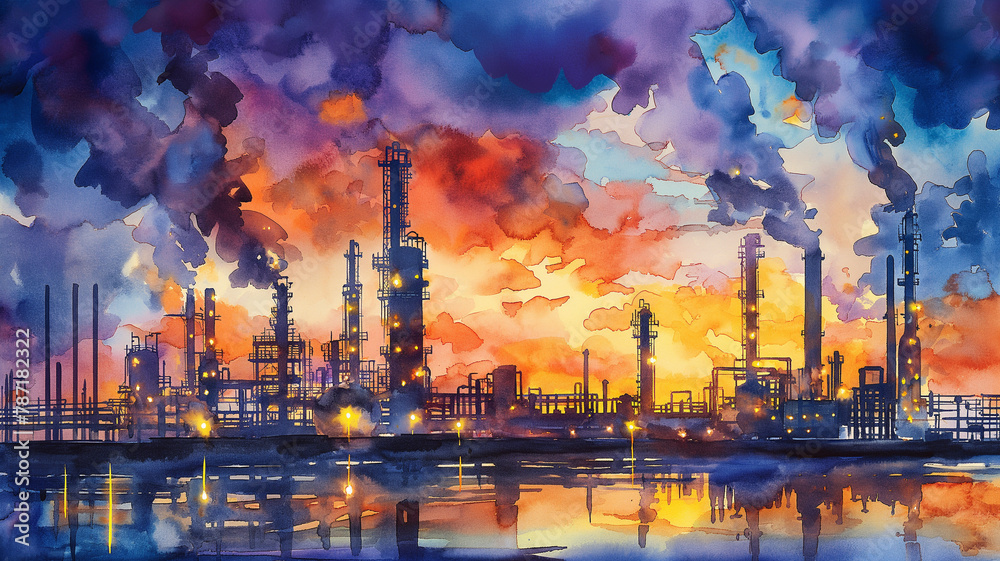 A painting of a city with a large industrial area and a large body of water