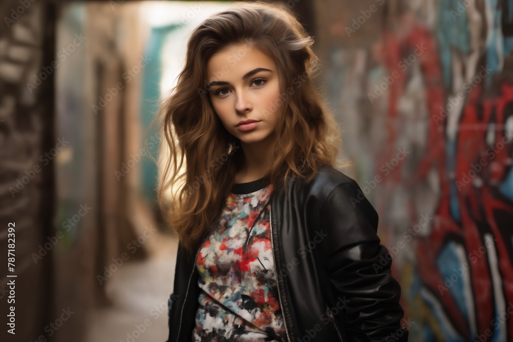 portrait of a young beautiful girl on the background of a brick wall with graffiti, modern style and fashion, lifestyle