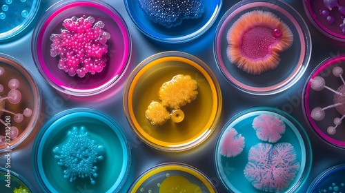 Colorful petri dish samples in a laboratory setting, showcasing various types of bacteria cultures in a scientific research or medical diagnosis context. photo