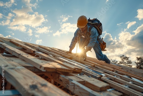 A builder diligently works on constructing a wooden roof structure against a cloudy sky