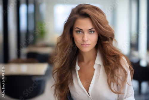 portrait of a young beautiful business woman on the background of an office in a megalopolis, modern style and fashion, lifestyle