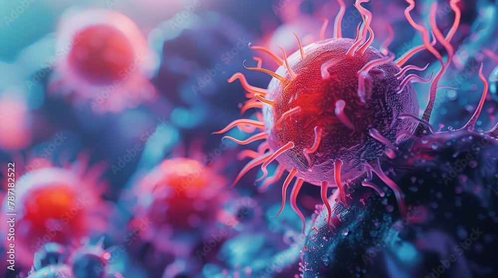 Close-up virus particles on a cellular surface, highlighting the interaction between pathogens and host cells with vibrant colors. Close-up virus particles on a cellular surface, highlighting the interaction between pathogens and host cells with vibrant colors.
