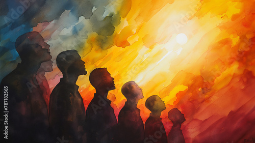 A painting of a group of people looking up at the sun