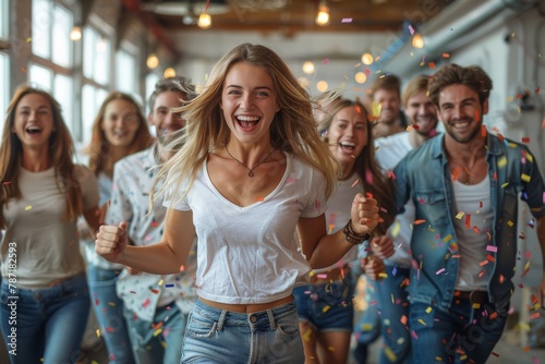 A smiling young woman runs joyfully towards the camera with a group of happy friends and confetti in the air