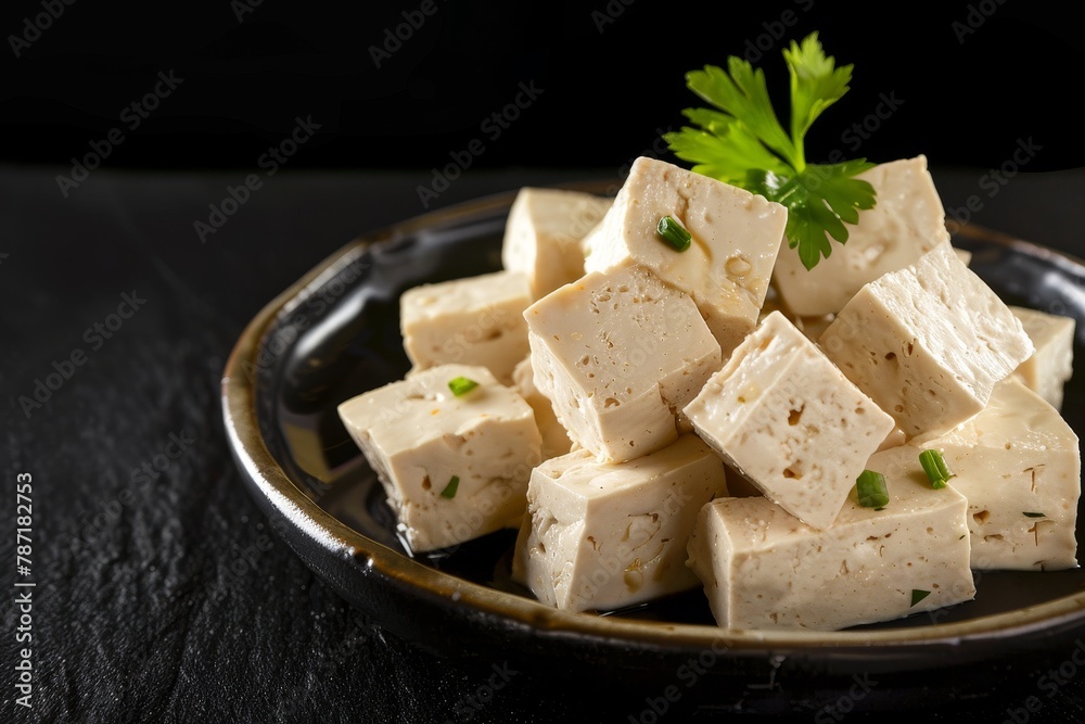 A closeup of cubed Tofu with green coriander leaves in a plate against a black background, from the side.